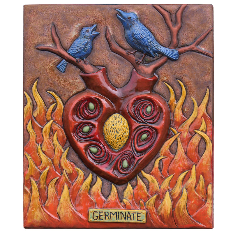 Ceramic Art Wall Sculpture, Heart, Birds Flames 