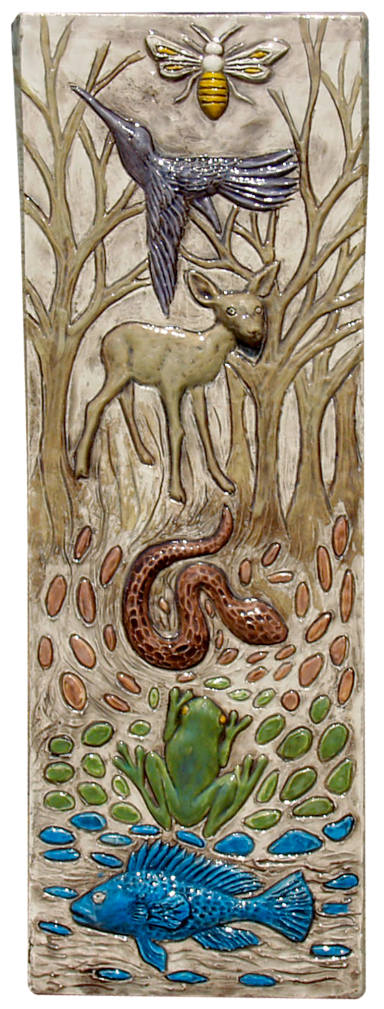 Animals Ceramic Art Tile with Frog, Honeybee, Fish, Deer, Trees