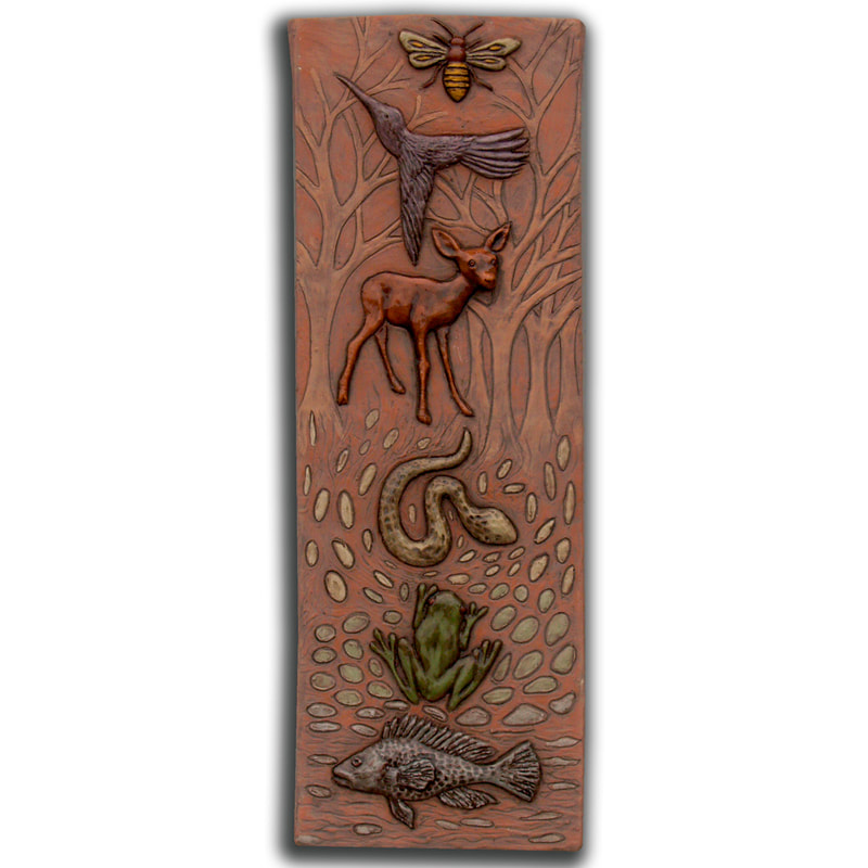Totem of Animals ceramic art tile, terra cotta sculpted tile, bee, frog, fish bird ceramic tile, unique ceramic art sculpture wall tile