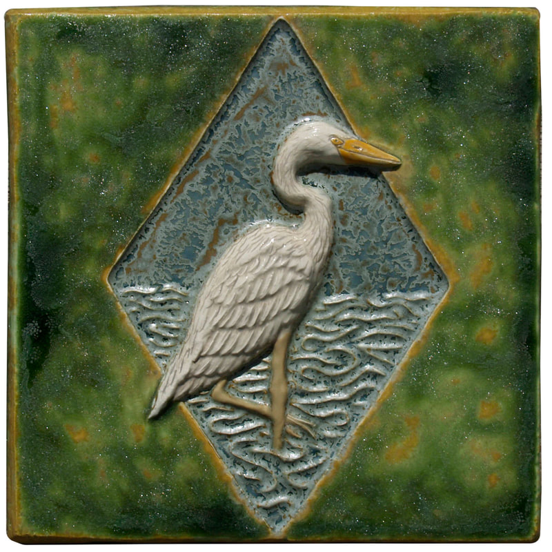 egrets ceramic art tile, sculpted ceramic wall tile, glazed terra cotta tile, unique original ceramic art sculpture