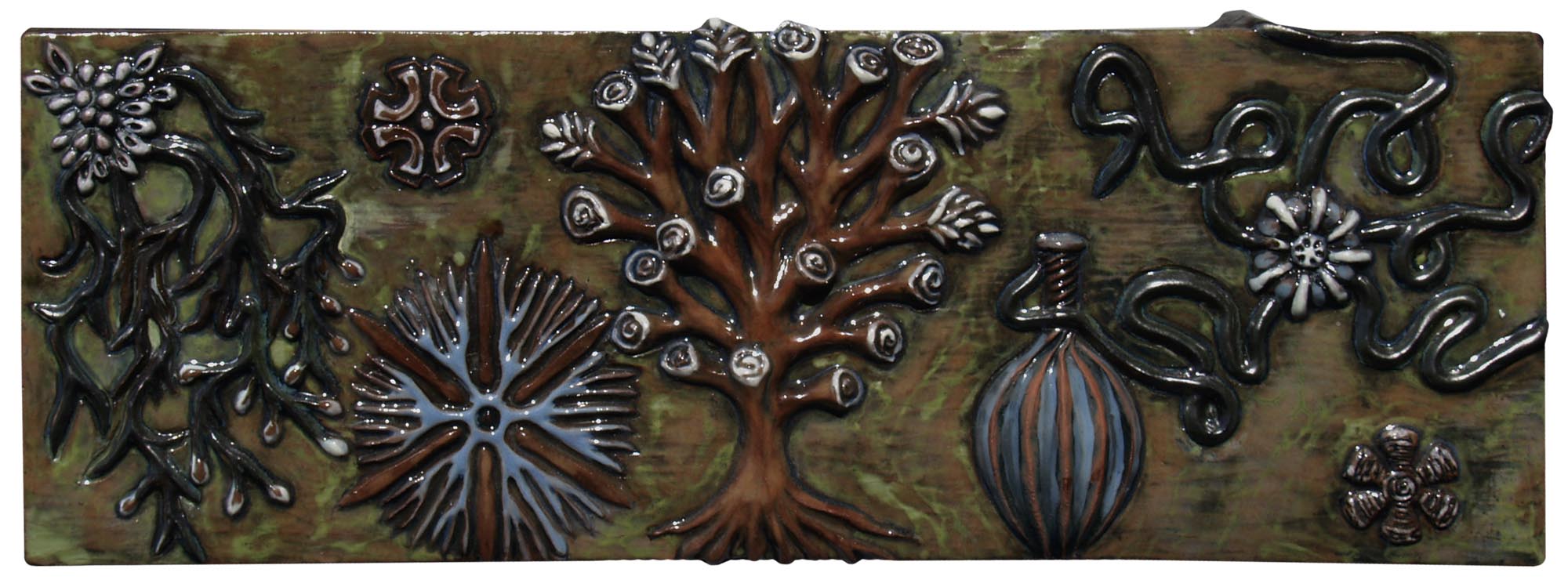 Ceramic art wall tile sculpted in low relief, nautical botanical shapes inspired by Ernst Haeckel, unique, terra cotta wall tile