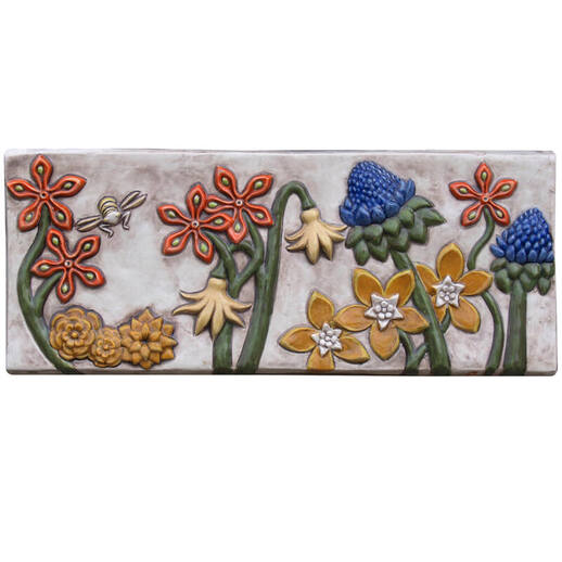 botanical & bees ceramic tile, honeybees and flowers sculpted wall tile, original art tile, unique centerpiece ceramic tile