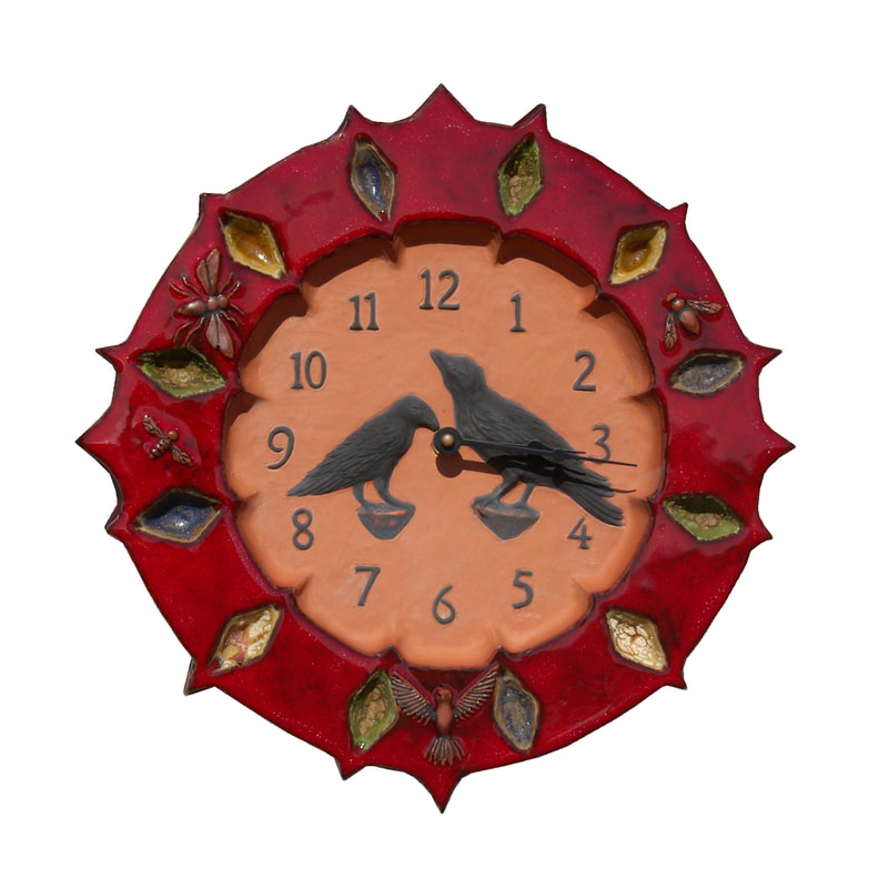 artist made ceramic kitchen wall clock with ravens 