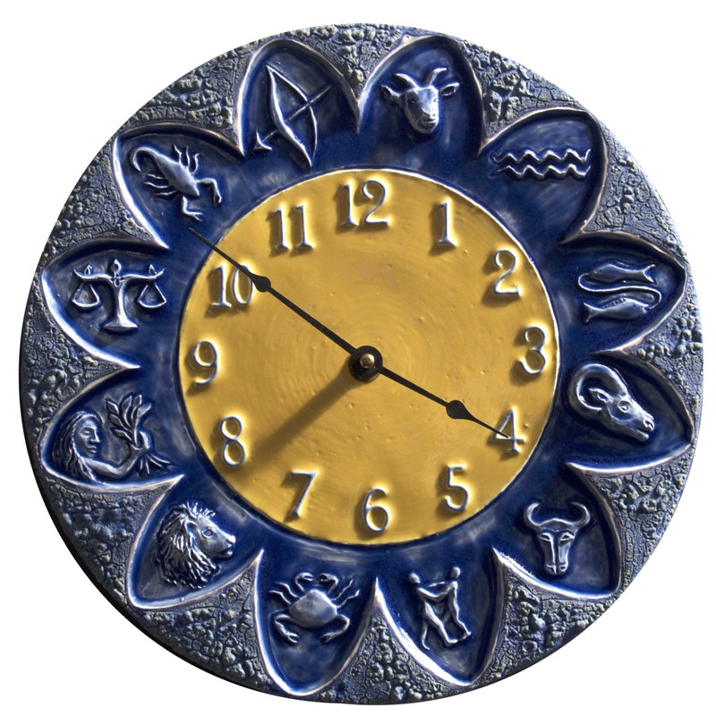 zodiac ceramic art wall clock made by artist Beth Sherman